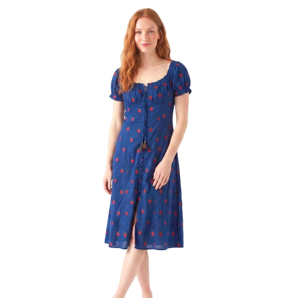 Farm Rio Strawberry Embroidered Puff Sleeve Midi‎ Dress XS Cottagecore Milkmaid